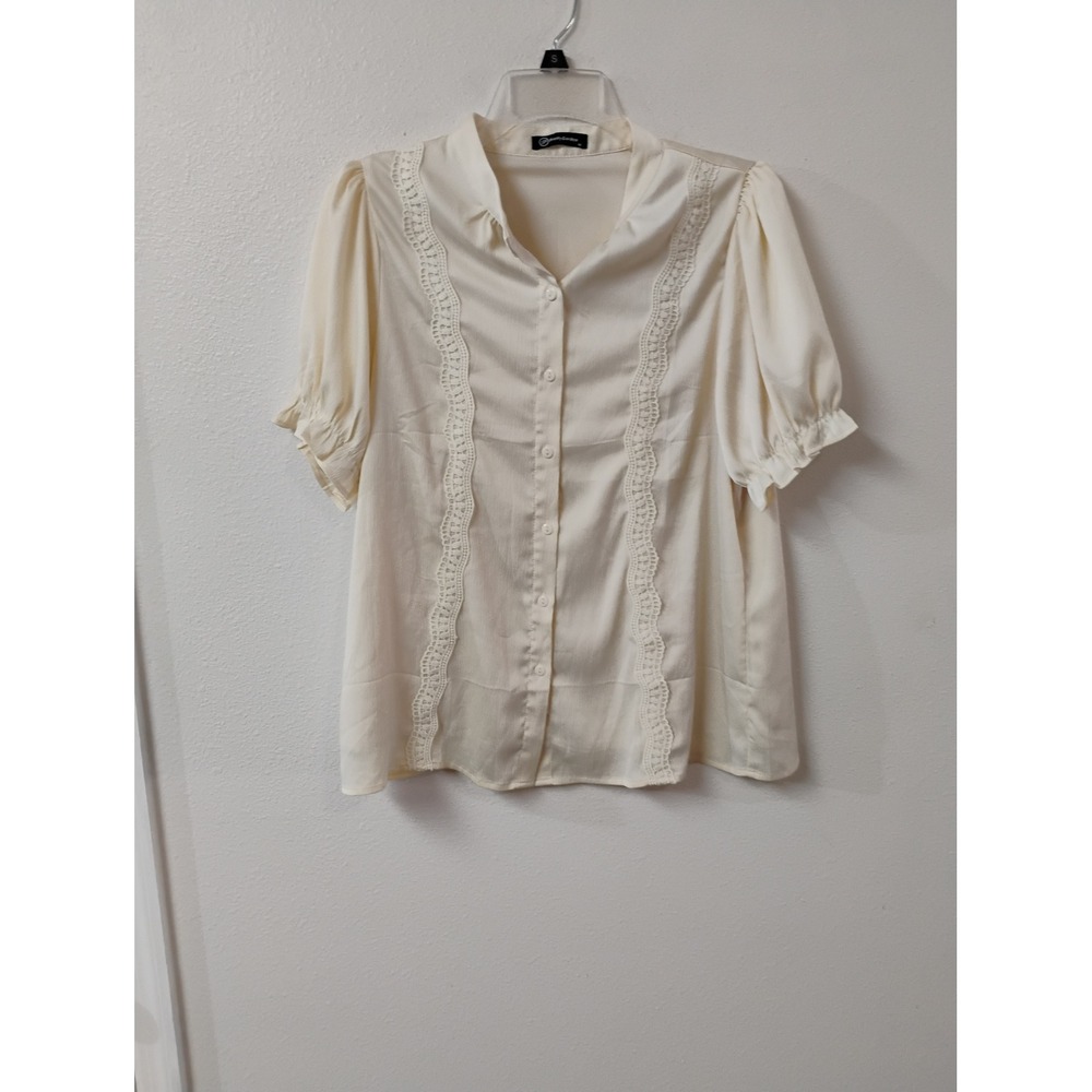 PrettyGarden Cream Lace Trim Puff Sleeve Button Down Blouse Top Medium